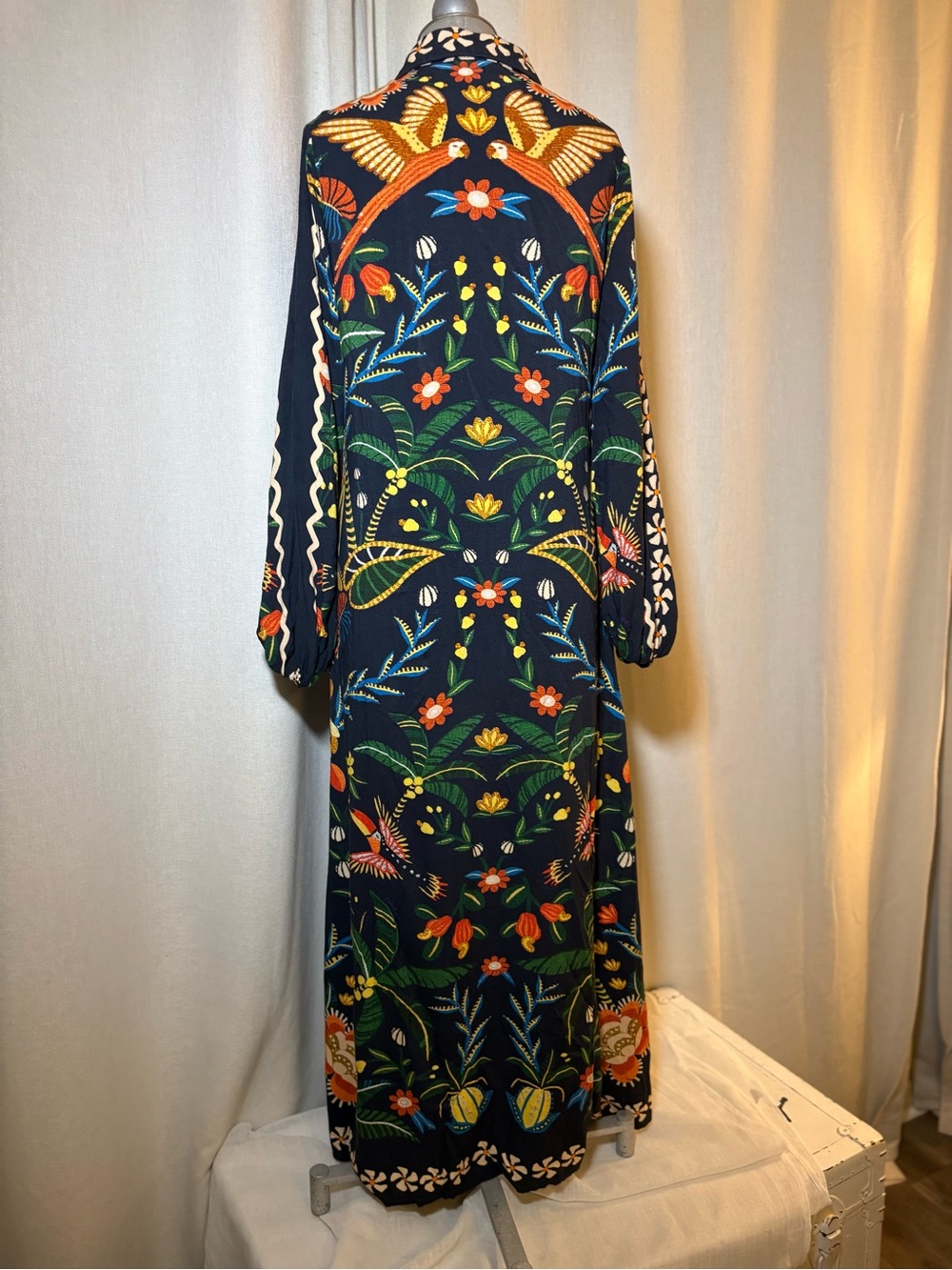 Farm Rio x Anthropologie Embroidered Floral Bird Maxi Shirt Dress 100% Viscose S - Picture 13 of 16